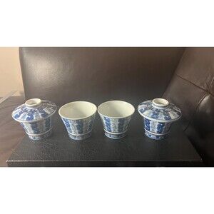 Chinese Blue White Porcelain Gaiwan Tea Cups Longevity Character Set 6pcs VTG